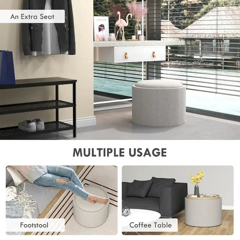 Table basse pouf de rangement ronde avec plateau réversible