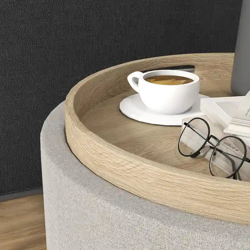 Table basse pouf de rangement ronde avec plateau réversible