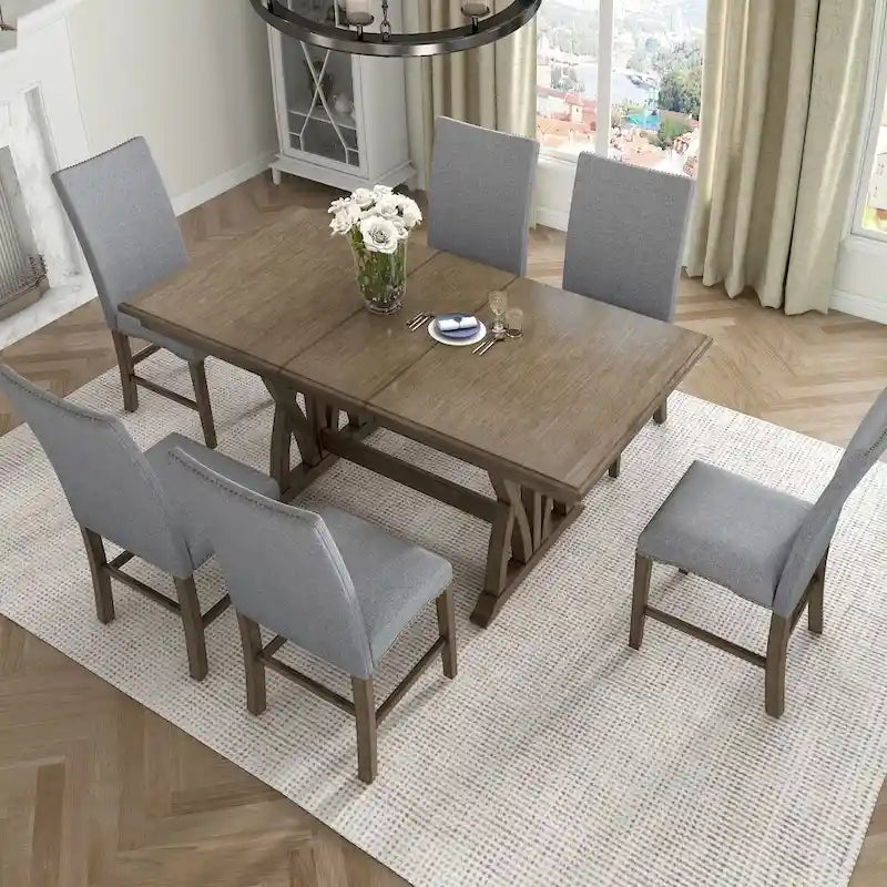 Ensemble de salle à manger 7 pièces, table de cuisine extensible avec chaises rembourrées, gris
