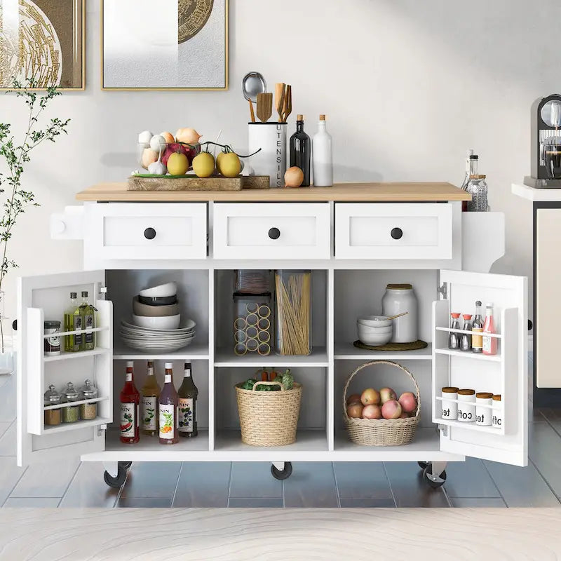 Îlot de cuisine sur 5 roulettes avec meuble de rangement et 3 tiroirs
