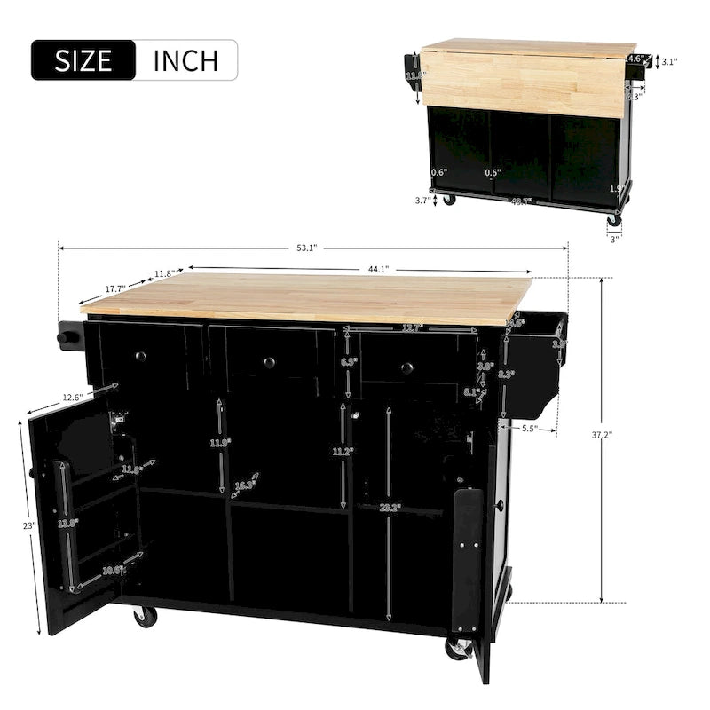 Îlot de cuisine sur 5 roulettes avec meuble de rangement et 3 tiroirs