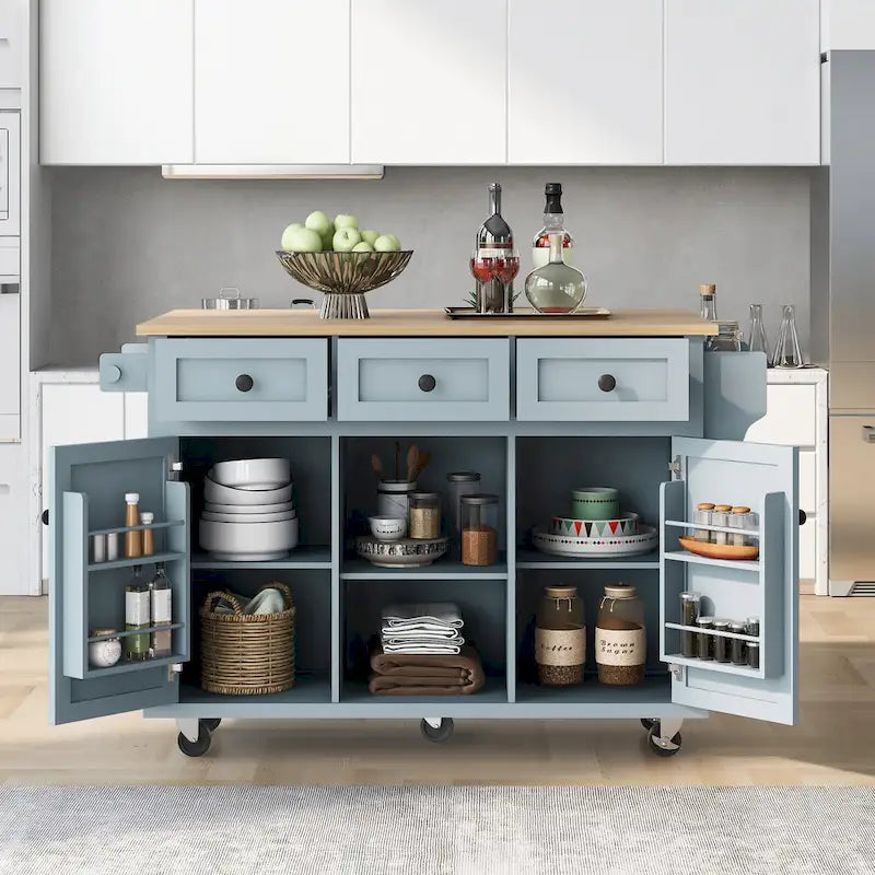 Îlot de cuisine sur 5 roulettes avec meuble de rangement et 3 tiroirs
