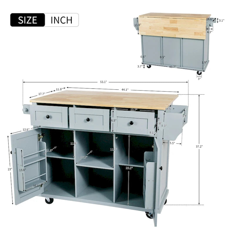 Îlot de cuisine sur 5 roulettes avec meuble de rangement et 3 tiroirs