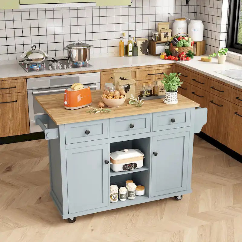 Îlot de cuisine sur 5 roulettes avec meuble de rangement et 3 tiroirs