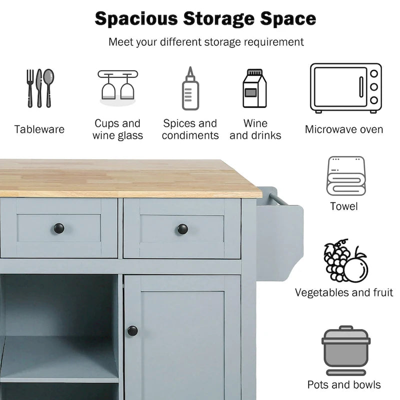 Îlot de cuisine sur 5 roulettes avec meuble de rangement et 3 tiroirs