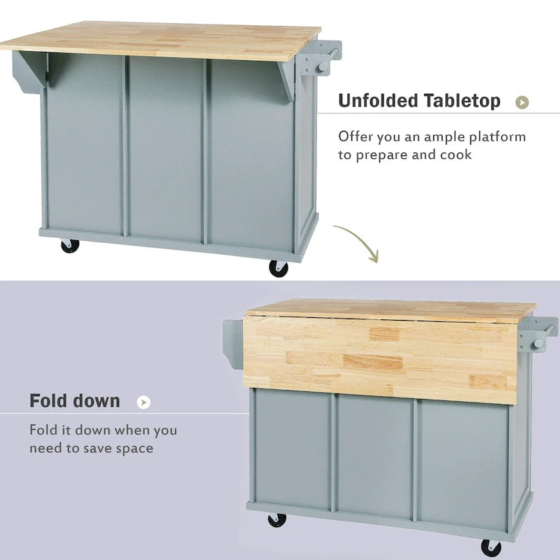 Îlot de cuisine sur 5 roulettes avec meuble de rangement et 3 tiroirs