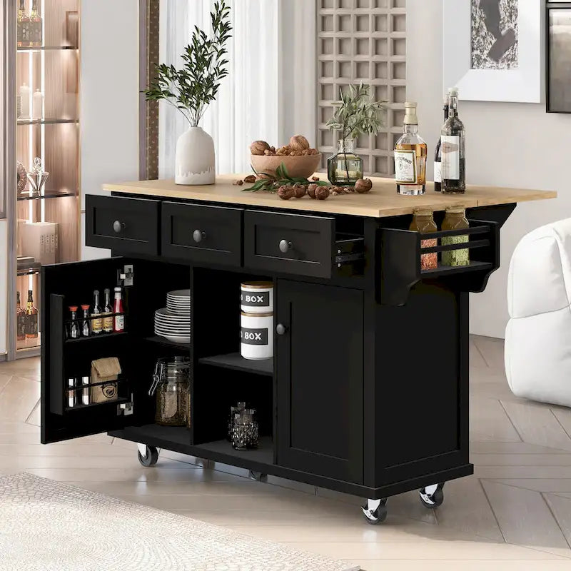 Îlot de cuisine sur 5 roulettes avec meuble de rangement et 3 tiroirs