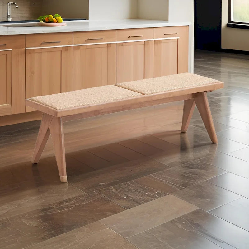 Banc de salle à manger Tina 130 cm, rotin tissé de style transitionnel, bois brun naturel
