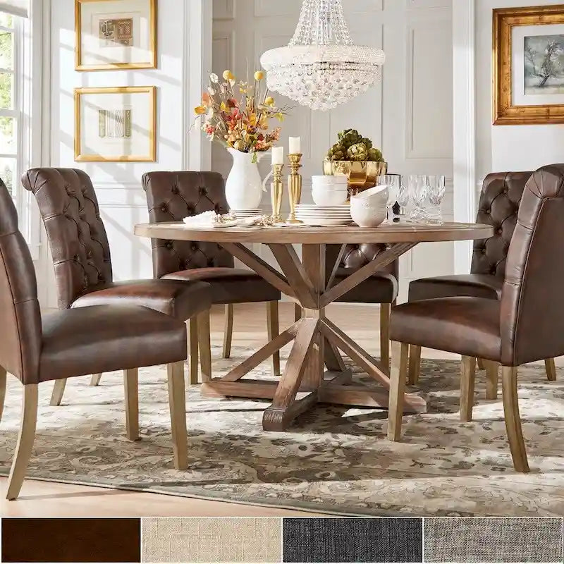 Benchwright Rustic X-base Round Pine Wood Rolled Back 7-piece Dining Set by iNSPIRE Q Artisan