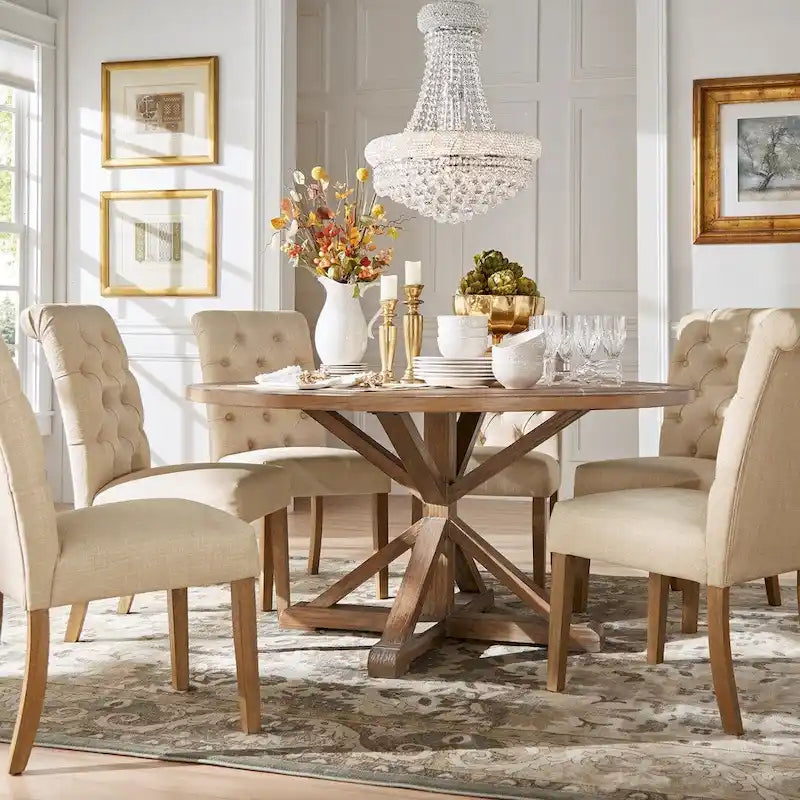 Ensemble de salle à manger 7 pièces Benchwright Rustic avec table ronde à piédestal en X et dossier roulé par iNSPIRE Q Artisan