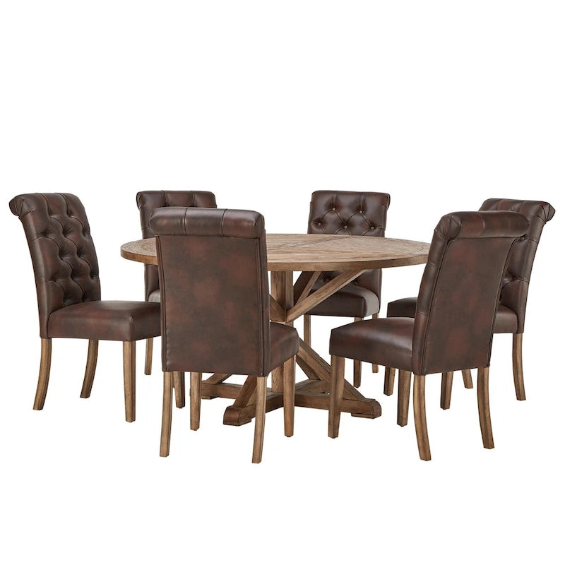 Ensemble de salle à manger 7 pièces Benchwright Rustic avec table ronde à piédestal en X et dossier roulé par iNSPIRE Q Artisan