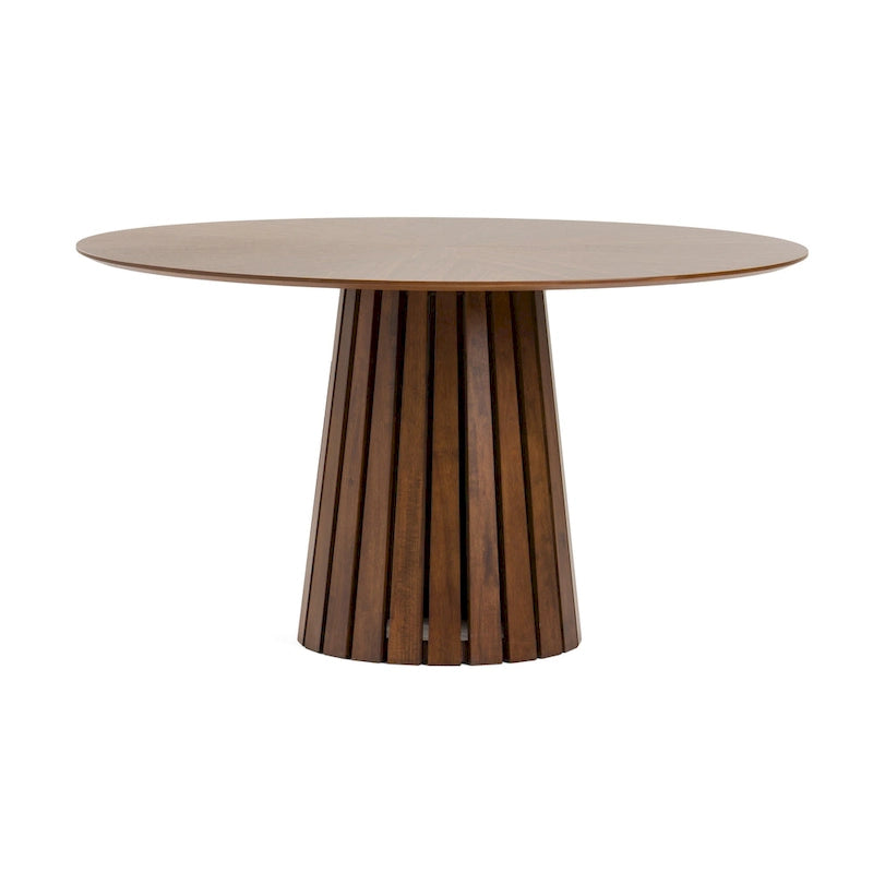 Table à manger Cid Xeu 54 pouces, placage noyer rond, piètement piédestal à lattes