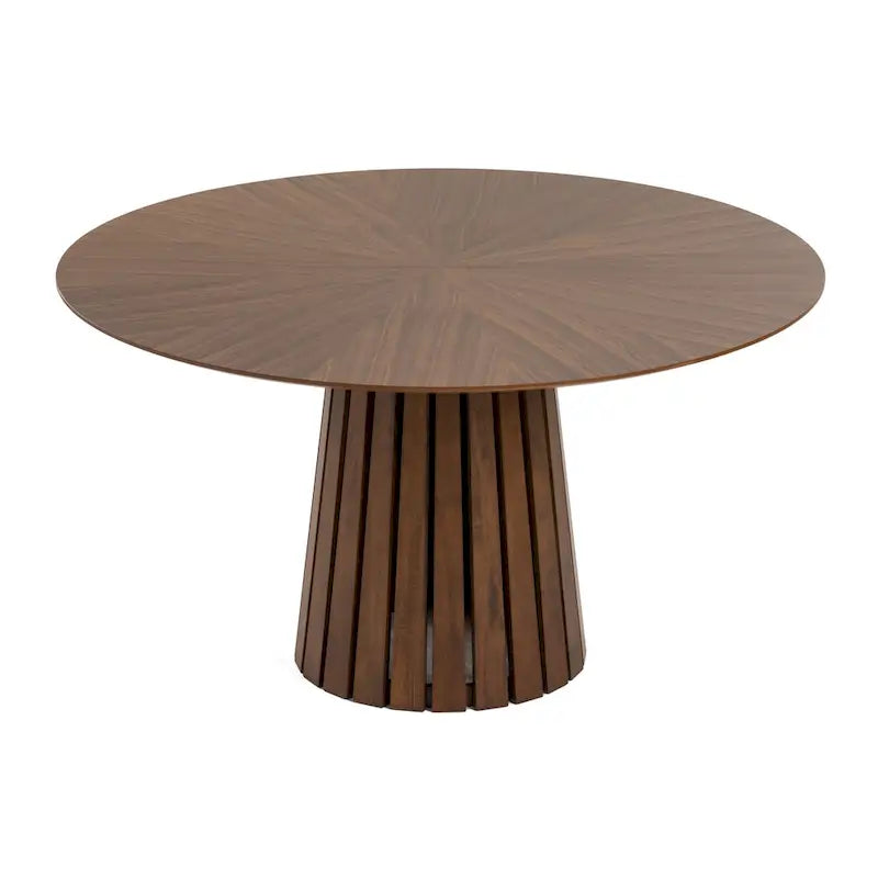 Table à manger Cid Xeu 54 pouces, placage noyer rond, piètement piédestal à lattes