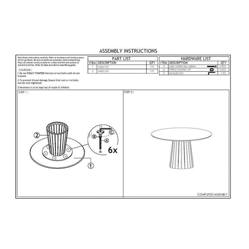 Table à manger Cid Xeu 54 pouces, placage noyer rond, piètement piédestal à lattes