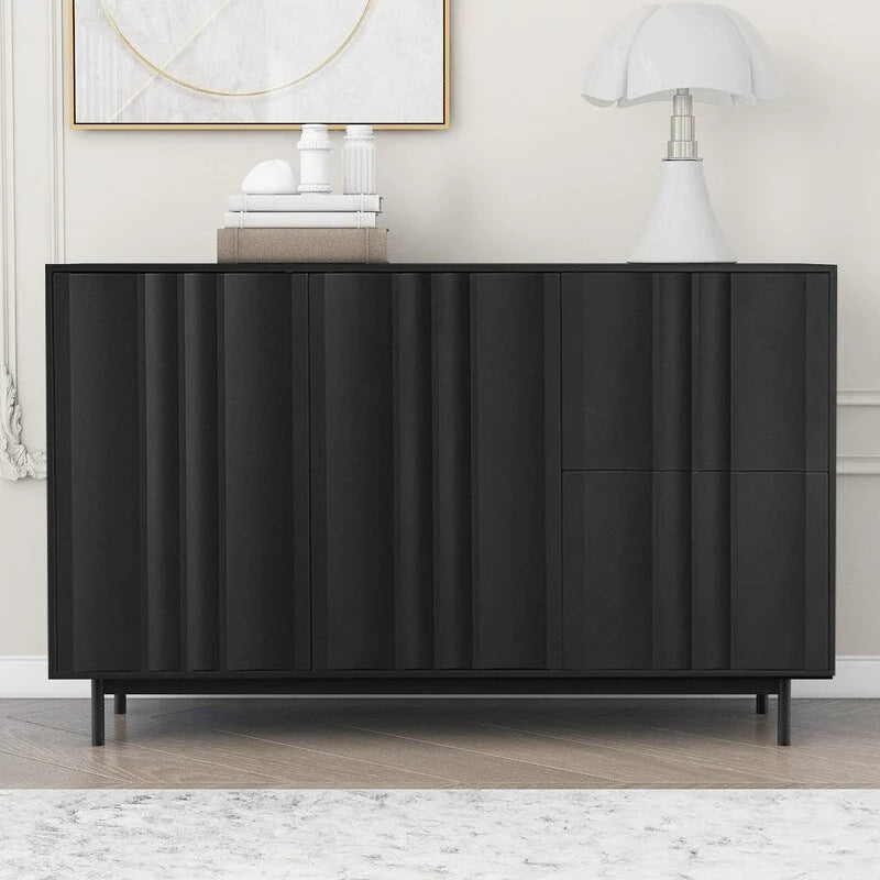 Meuble de Rangement Motif Vague avec 2 Portes et 2 Tiroirs, Réglable, Adapté pour Bureau, Entrée et Salon