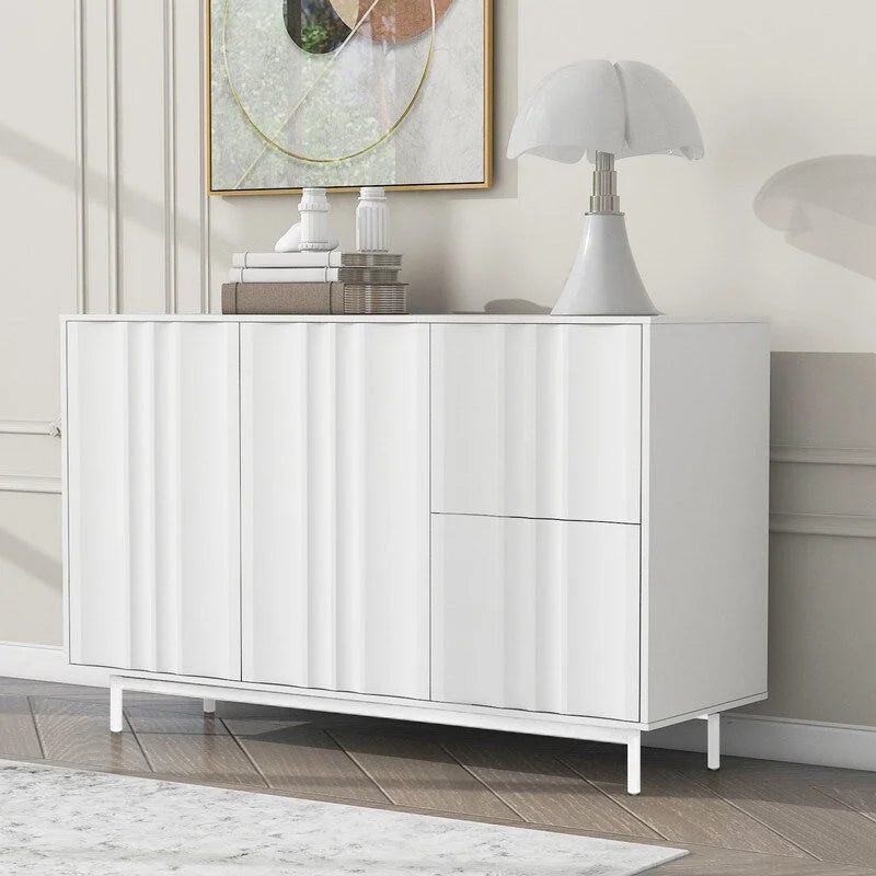 Meuble de Rangement Motif Vague avec 2 Portes et 2 Tiroirs, Réglable, Adapté pour Bureau, Entrée et Salon