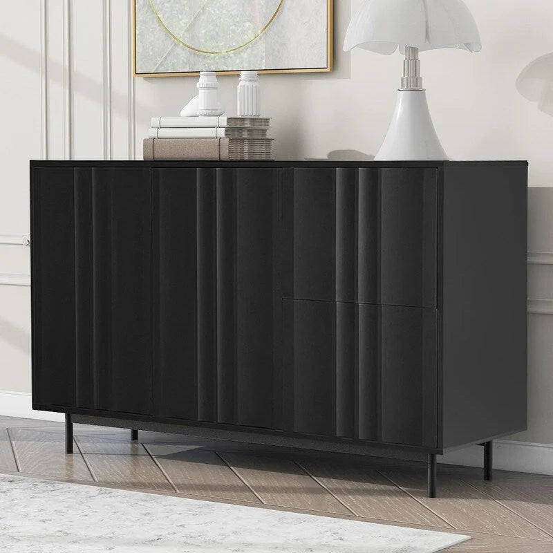 Meuble de Rangement Motif Vague avec 2 Portes et 2 Tiroirs, Réglable, Adapté pour Bureau, Entrée et Salon