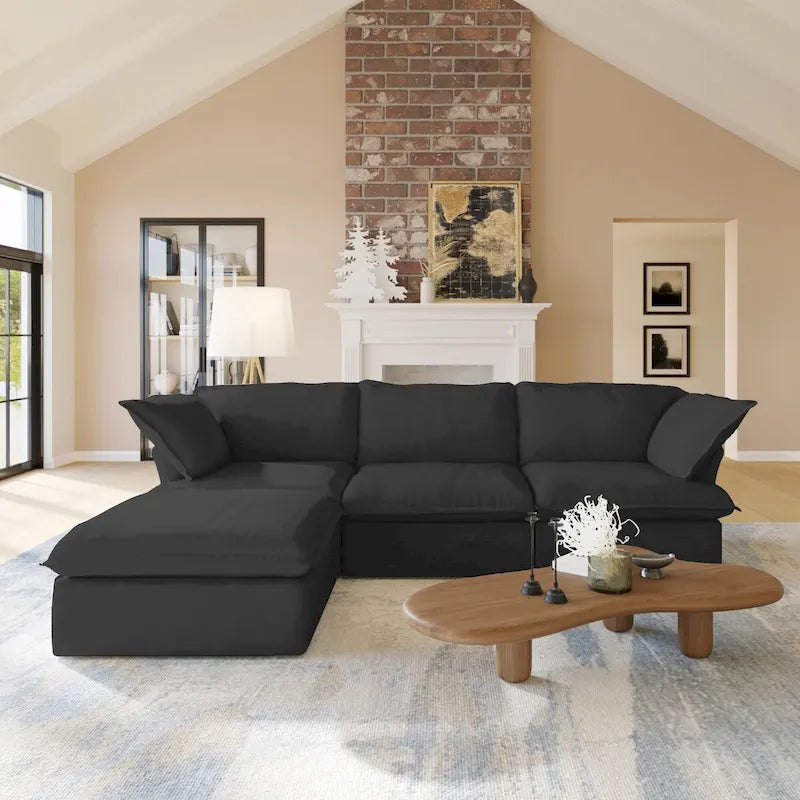Canapé d'angle en lin avec plusieurs coussins et pouf de rangement