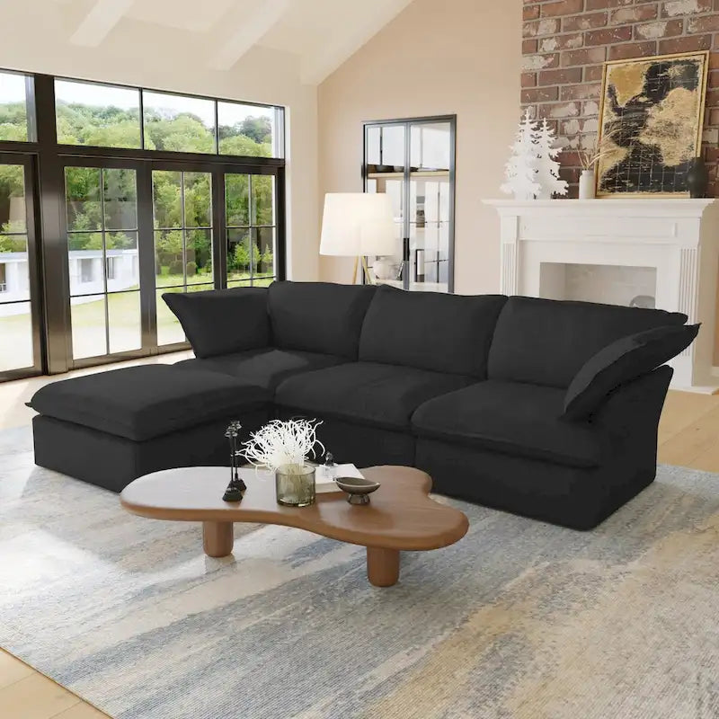 Canapé d'angle en lin avec plusieurs coussins et pouf de rangement