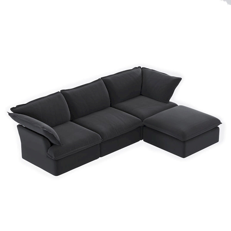 Canapé d'angle en lin avec plusieurs coussins et pouf de rangement