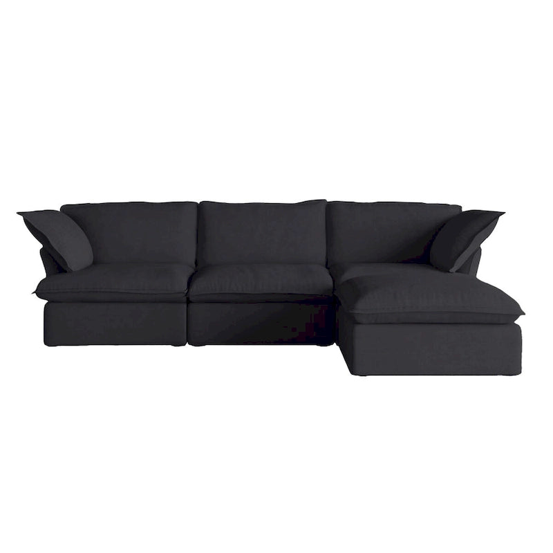 Canapé d'angle en lin avec plusieurs coussins et pouf de rangement