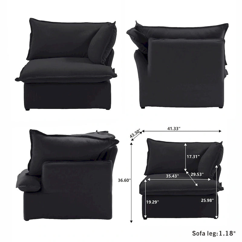 Canapé d'angle en lin avec plusieurs coussins et pouf de rangement
