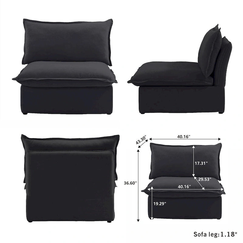 Canapé d'angle en lin avec plusieurs coussins et pouf de rangement