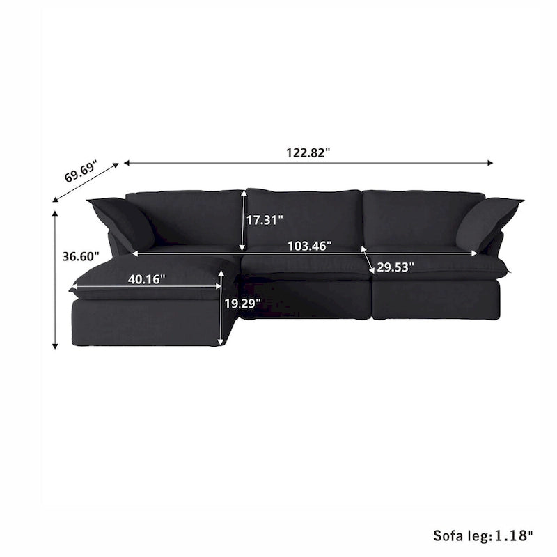 Canapé d'angle en lin avec plusieurs coussins et pouf de rangement
