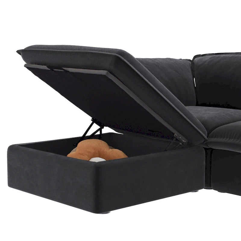 Canapé d'angle en lin avec plusieurs coussins et pouf de rangement