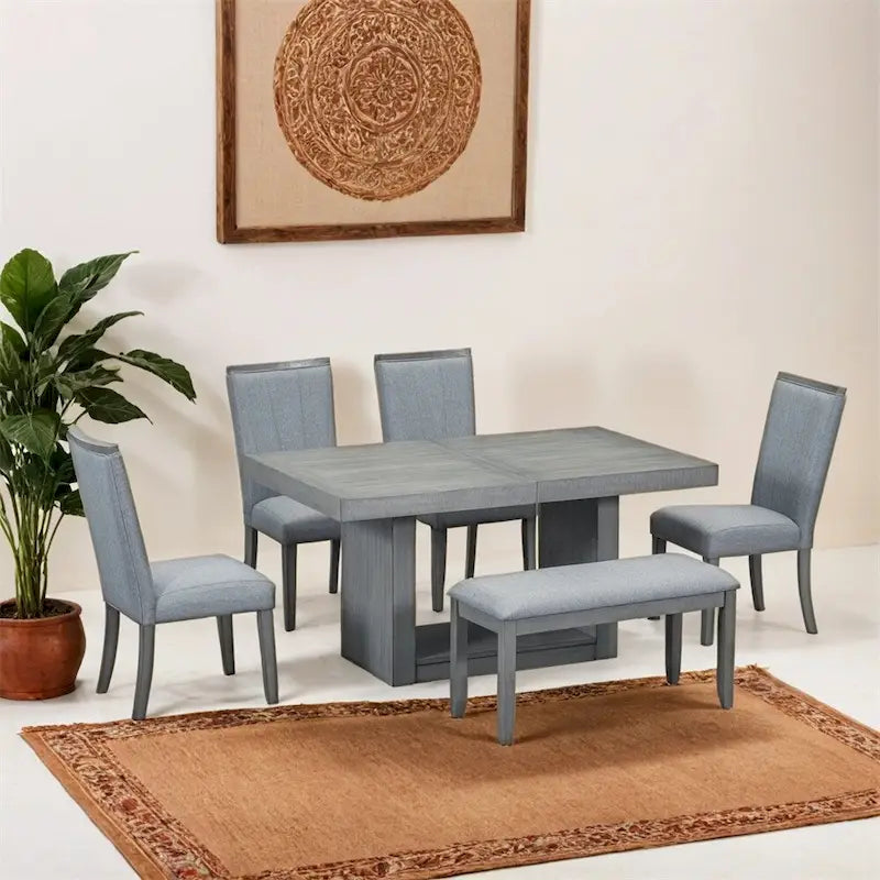 Ensemble de salle à manger contemporain de 6 pièces avec table à rallonge de 198 cm et pied central