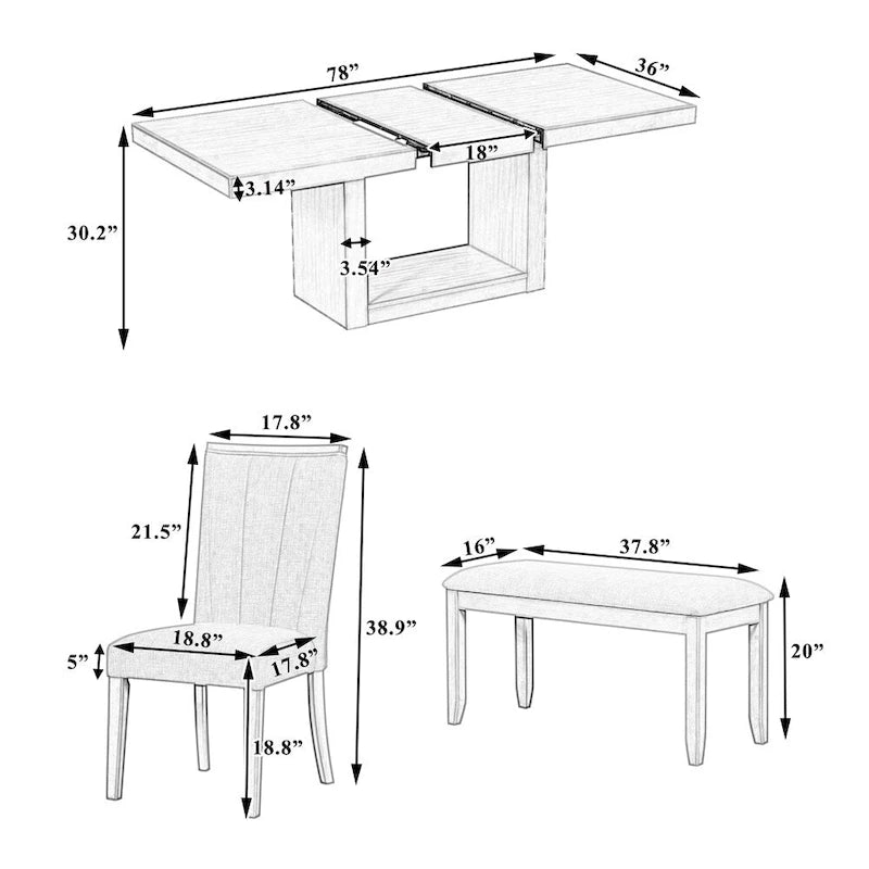 Ensemble de salle à manger contemporain de 6 pièces avec table à rallonge de 198 cm et pied central