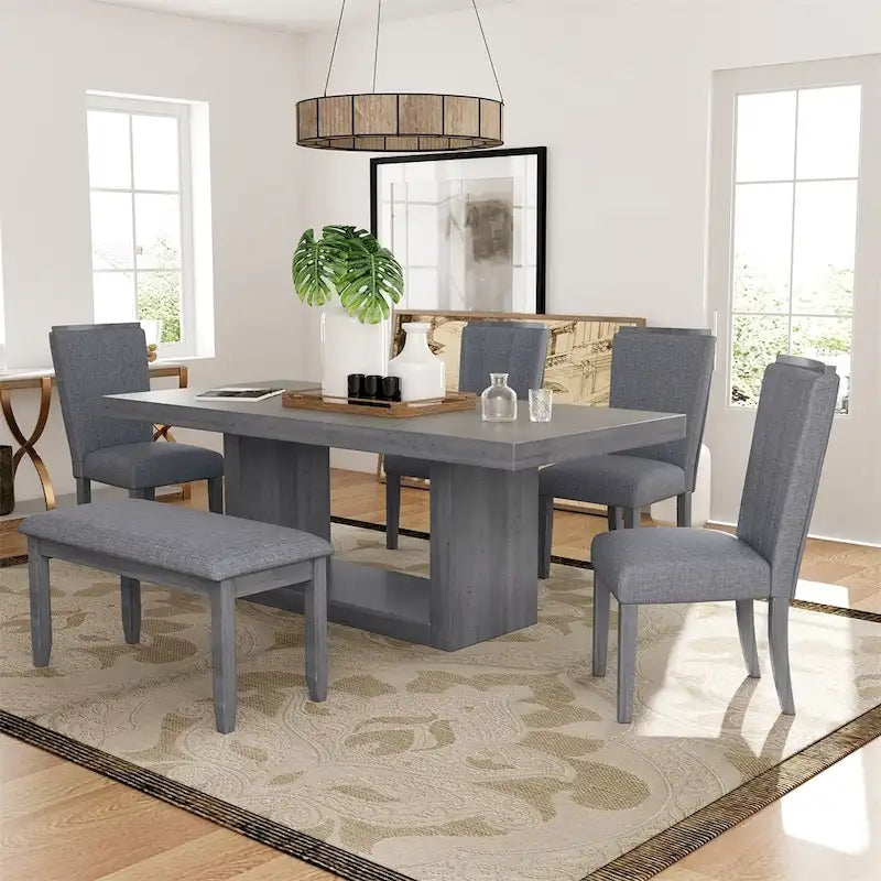 Ensemble de salle à manger contemporain de 6 pièces avec table à rallonge de 198 cm et pied central
