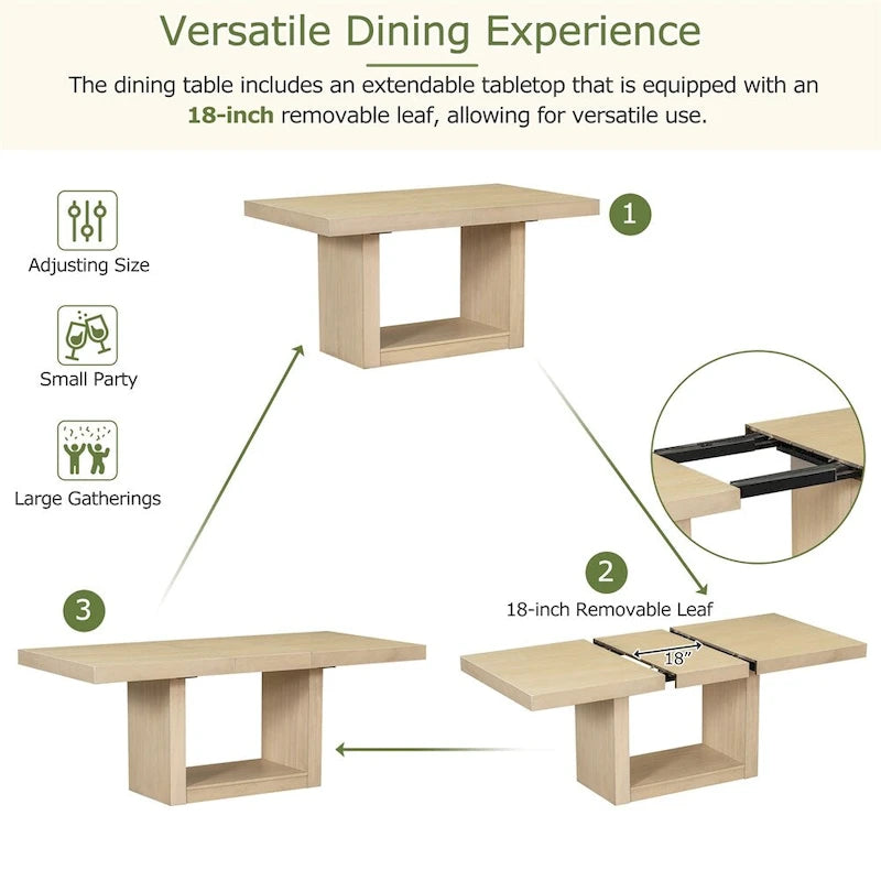 Ensemble de salle à manger contemporain de 6 pièces avec table à rallonge de 198 cm et pied central