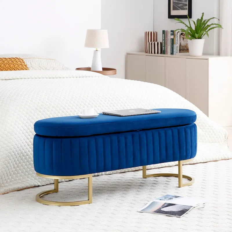Banc de rangement pour chambre à coucher, banc de bout de lit ovale en velours capitonné avec pieds en métal doré, banc ottoman de rangement 50