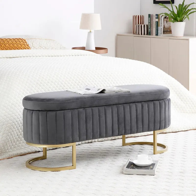 Banc de rangement pour chambre à coucher, banc de bout de lit ovale en velours capitonné avec pieds en métal doré, banc ottoman de rangement 50