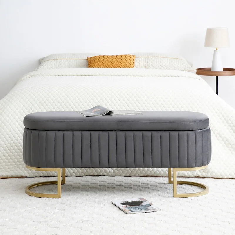 Banc de rangement pour chambre à coucher, banc de bout de lit ovale en velours capitonné avec pieds en métal doré, banc ottoman de rangement 50