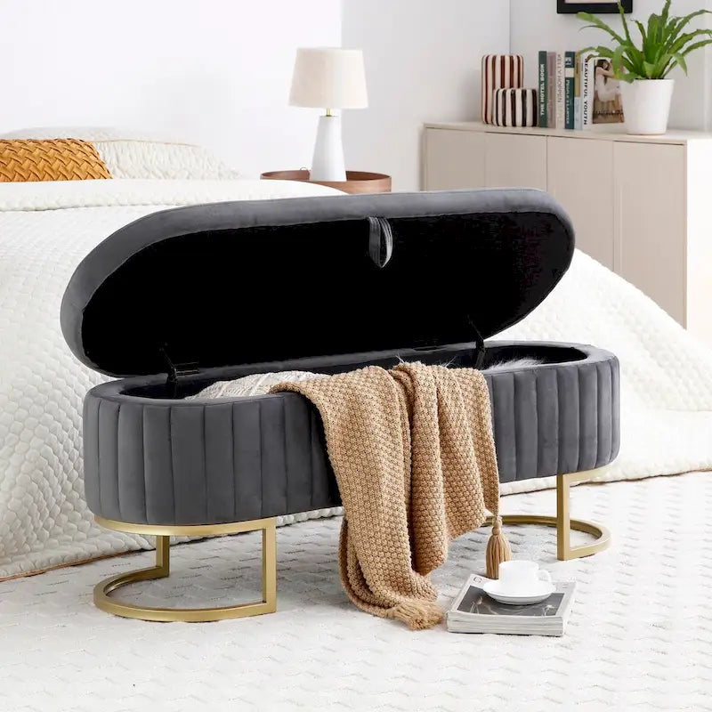 Banc de rangement pour chambre à coucher, banc de bout de lit ovale en velours capitonné avec pieds en métal doré, banc ottoman de rangement 50