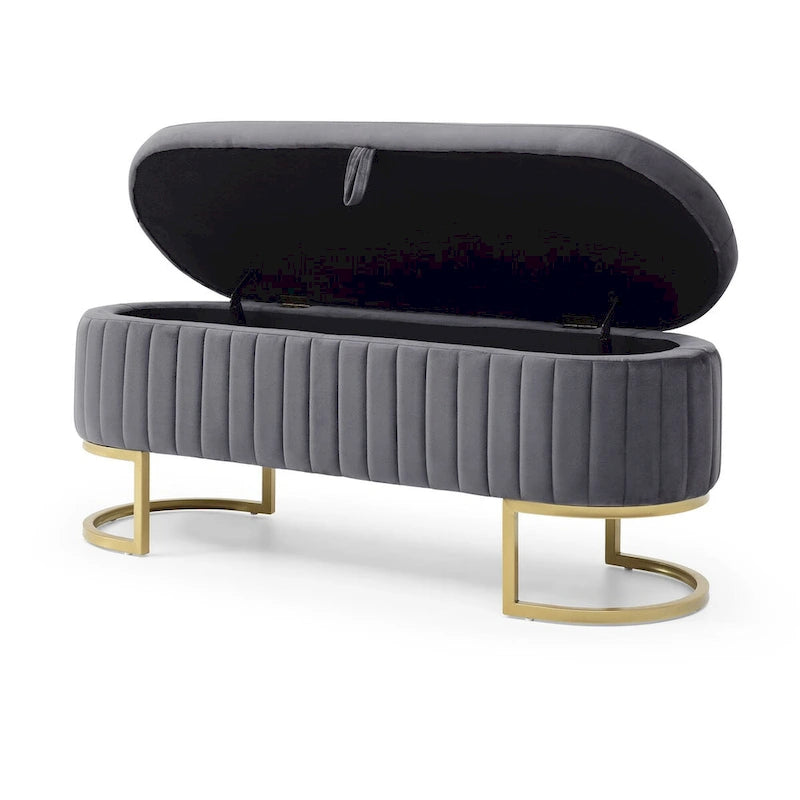 Banc de rangement pour chambre à coucher, banc de bout de lit ovale en velours capitonné avec pieds en métal doré, banc ottoman de rangement 50