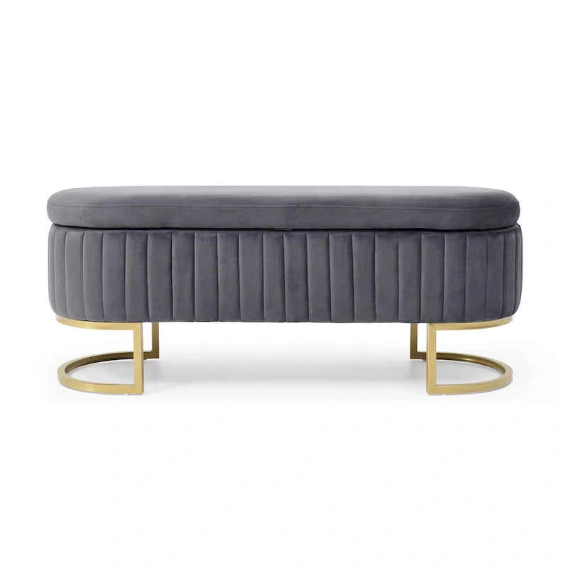 Banc de rangement pour chambre à coucher, banc de bout de lit ovale en velours capitonné avec pieds en métal doré, banc ottoman de rangement 50