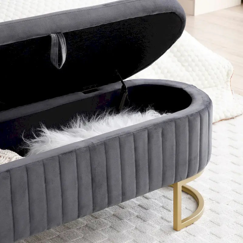 Banc de rangement pour chambre à coucher, banc de bout de lit ovale en velours capitonné avec pieds en métal doré, banc ottoman de rangement 50