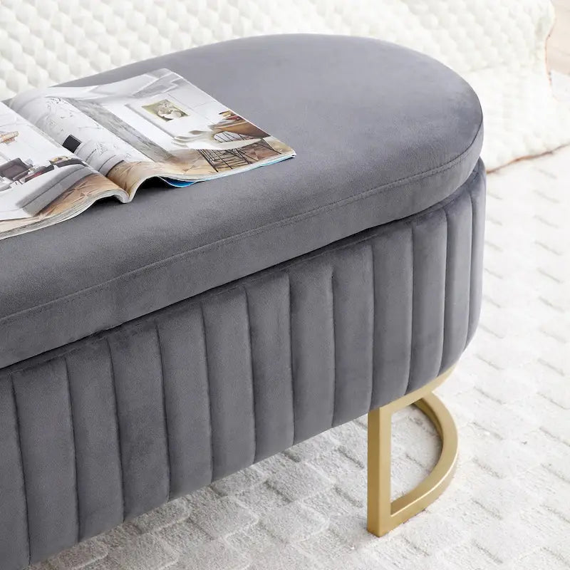 Banc de rangement pour chambre à coucher, banc de bout de lit ovale en velours capitonné avec pieds en métal doré, banc ottoman de rangement 50