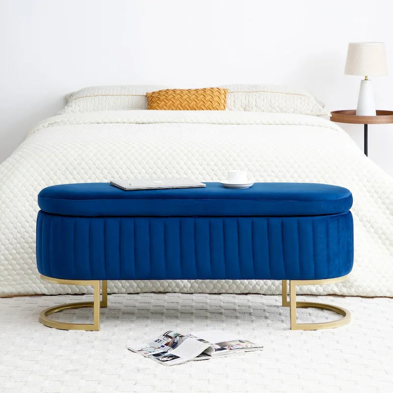 Banc de rangement pour chambre à coucher, banc de bout de lit ovale en velours capitonné avec pieds en métal doré, banc ottoman de rangement 50