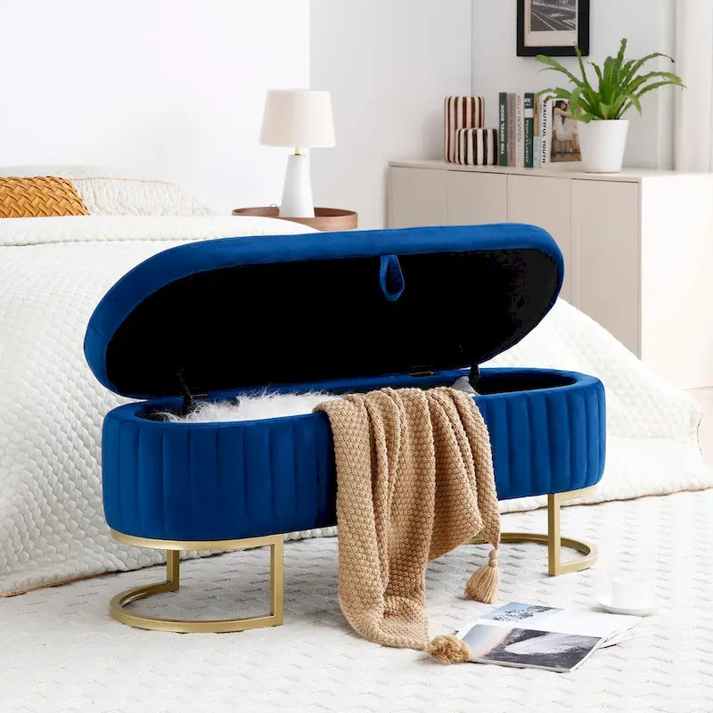 Banc de rangement pour chambre à coucher, banc de bout de lit ovale en velours capitonné avec pieds en métal doré, banc ottoman de rangement 50