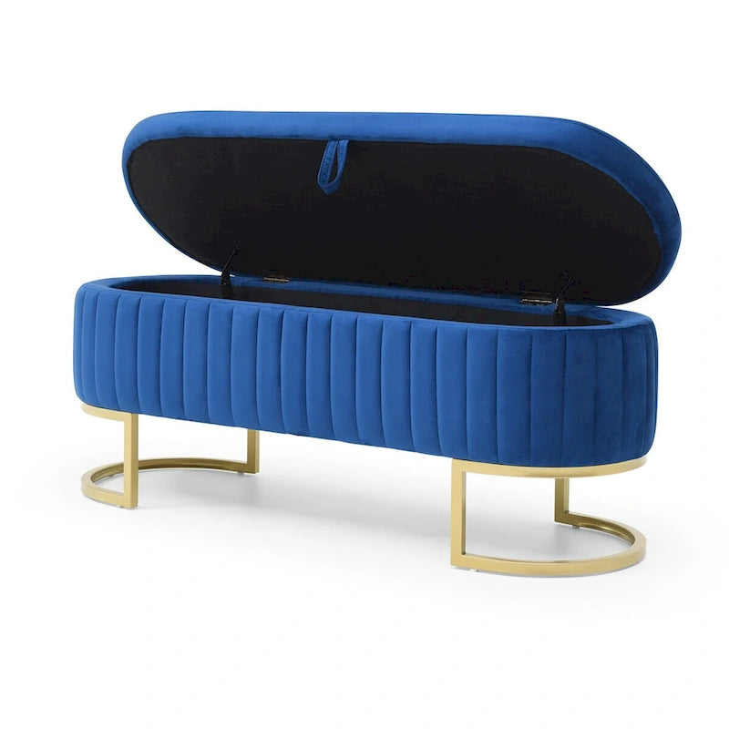 Banc de rangement pour chambre à coucher, banc de bout de lit ovale en velours capitonné avec pieds en métal doré, banc ottoman de rangement 50