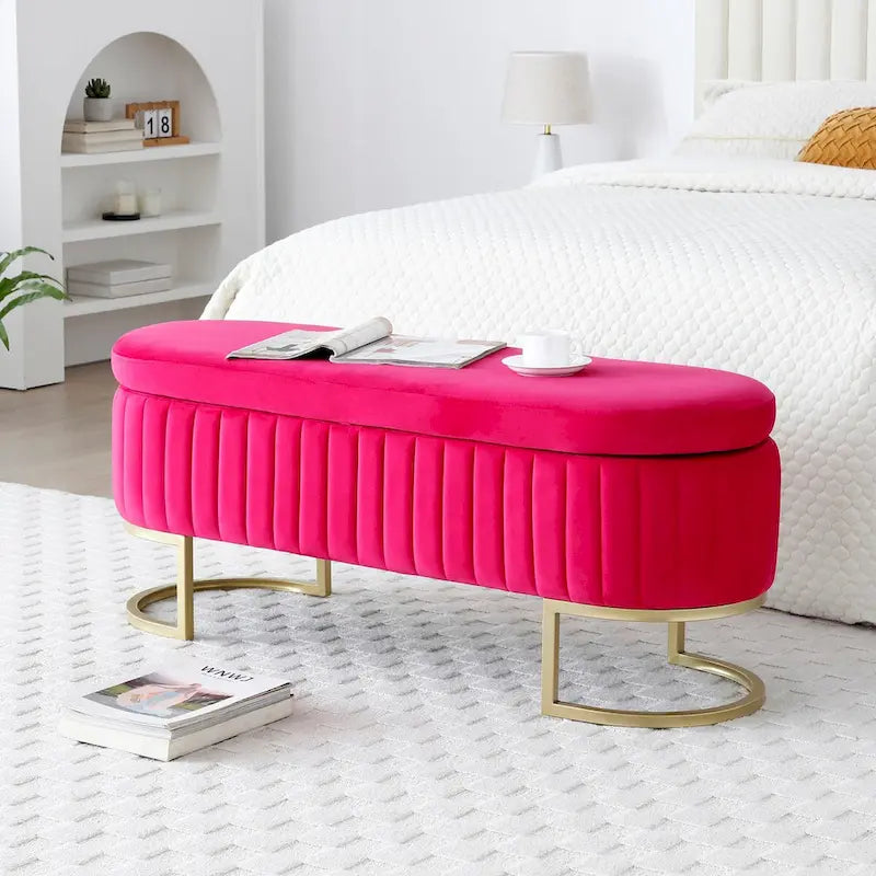 Banc de rangement pour chambre à coucher, banc de bout de lit ovale en velours capitonné avec pieds en métal doré, banc ottoman de rangement 50