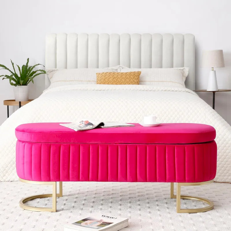 Banc de rangement pour chambre à coucher, banc de bout de lit ovale en velours capitonné avec pieds en métal doré, banc ottoman de rangement 50
