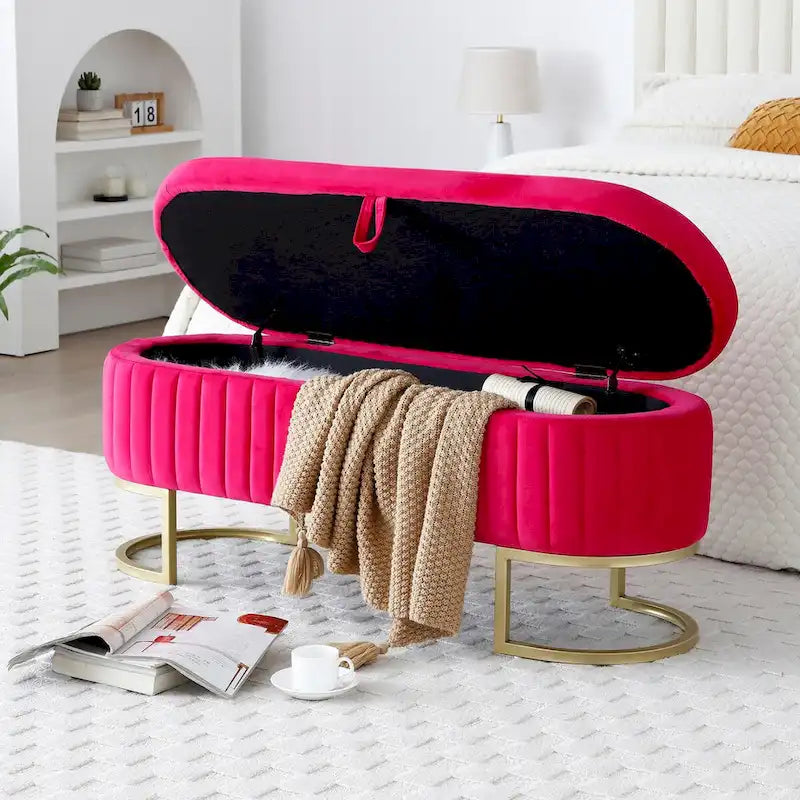 Banc de rangement pour chambre à coucher, banc de bout de lit ovale en velours capitonné avec pieds en métal doré, banc ottoman de rangement 50