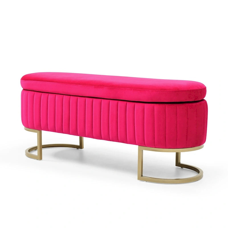 Banc de rangement pour chambre à coucher, banc de bout de lit ovale en velours capitonné avec pieds en métal doré, banc ottoman de rangement 50