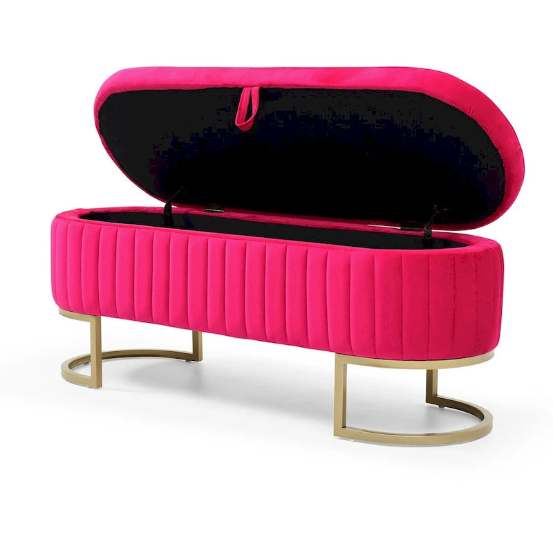 Banc de rangement pour chambre à coucher, banc de bout de lit ovale en velours capitonné avec pieds en métal doré, banc ottoman de rangement 50