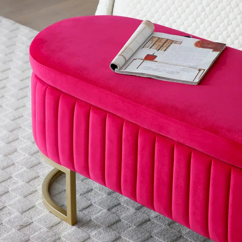 Banc de rangement pour chambre à coucher, banc de bout de lit ovale en velours capitonné avec pieds en métal doré, banc ottoman de rangement 50